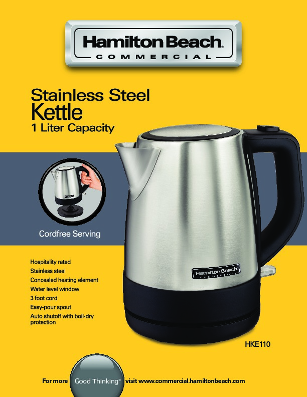 Hamilton Beach Commercial 1 liter Stainless Steel Hot Water Kettle - 7  3/4L x 6W x 8H